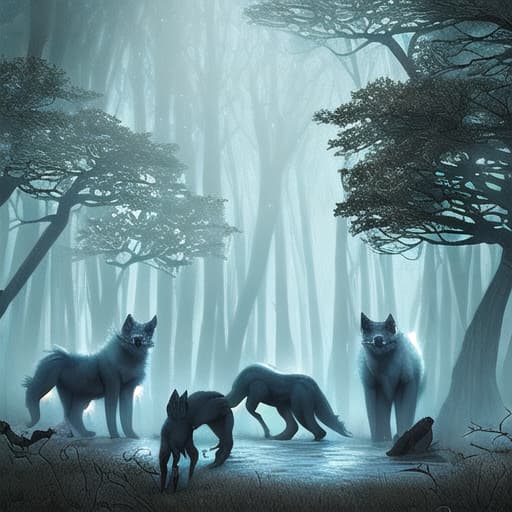  bosque de noche con lobos y fantasmas