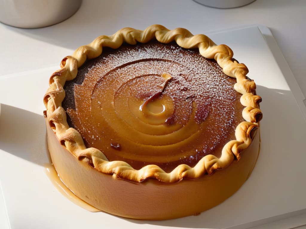  An ultradetailed closeup image of a goldenbrown pastry crust being carefully glazed with a caramelized sugar syrup, showcasing the intricate bubbling and caramelization process. The surface of the pastry reflects a warm, amber glow, highlighting the contrast between the rich caramel tones and the delicate pastry texture. This minimalist yet highly detailed image captures the essence of both caramelization and Maillard reaction, evoking a sense of culinary artistry and flavor transformation. hyperrealistic, full body, detailed clothing, highly detailed, cinematic lighting, stunningly beautiful, intricate, sharp focus, f/1. 8, 85mm, (centered image composition), (professionally color graded), ((bright soft diffused light)), volumetric fog, trending on instagram, trending on tumblr, HDR 4K, 8K