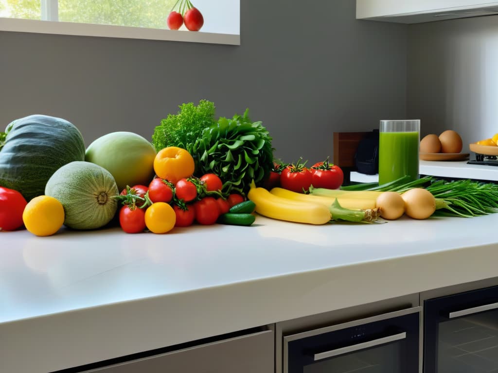  A highresolution image of a sleek, modern kitchen countertop with an array of vibrant, fresh fruits and vegetables neatly arranged in a row. Each piece of produce is impeccably placed, showcasing their natural colors and textures. The image captures the essence of healthy ingredients and sets a visually appealing backdrop for the concept of adapting traditional recipes into healthier options using augmented reality. The lighting is soft and natural, emphasizing the freshness and organic feel of the ingredients, creating a serene and inviting atmosphere. hyperrealistic, full body, detailed clothing, highly detailed, cinematic lighting, stunningly beautiful, intricate, sharp focus, f/1. 8, 85mm, (centered image composition), (professionally color graded), ((bright soft diffused light)), volumetric fog, trending on instagram, trending on tumblr, HDR 4K, 8K