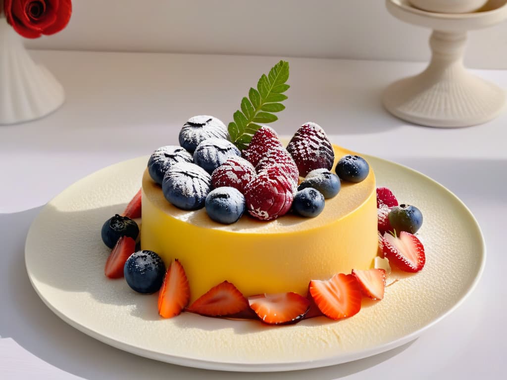  A photorealistic image of a decadent fusion dessert, combining elements of Eastern and Western culinary traditions. The dessert is elegantly plated, showcasing intricate layers of a delicate French pastry with a rich matchainfused cream, garnished with fresh berries and edible flowers. The lighting accentuates the glossy sheen of the dessert, highlighting the contrasting textures and vibrant colors, creating a visually stunning and appetizing composition. hyperrealistic, full body, detailed clothing, highly detailed, cinematic lighting, stunningly beautiful, intricate, sharp focus, f/1. 8, 85mm, (centered image composition), (professionally color graded), ((bright soft diffused light)), volumetric fog, trending on instagram, trending on tumblr, HDR 4K, 8K