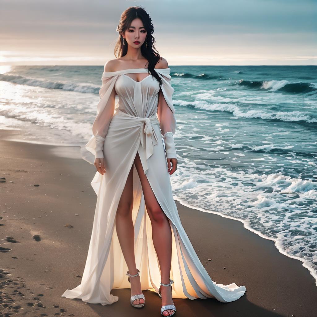  Girl on the beach hyperrealistic, full body, detailed clothing, highly detailed, cinematic lighting, stunningly beautiful, intricate, sharp focus, f/1. 8, 85mm, (centered image composition), (professionally color graded), ((bright soft diffused light)), volumetric fog, trending on instagram, trending on tumblr, HDR 4K, 8K