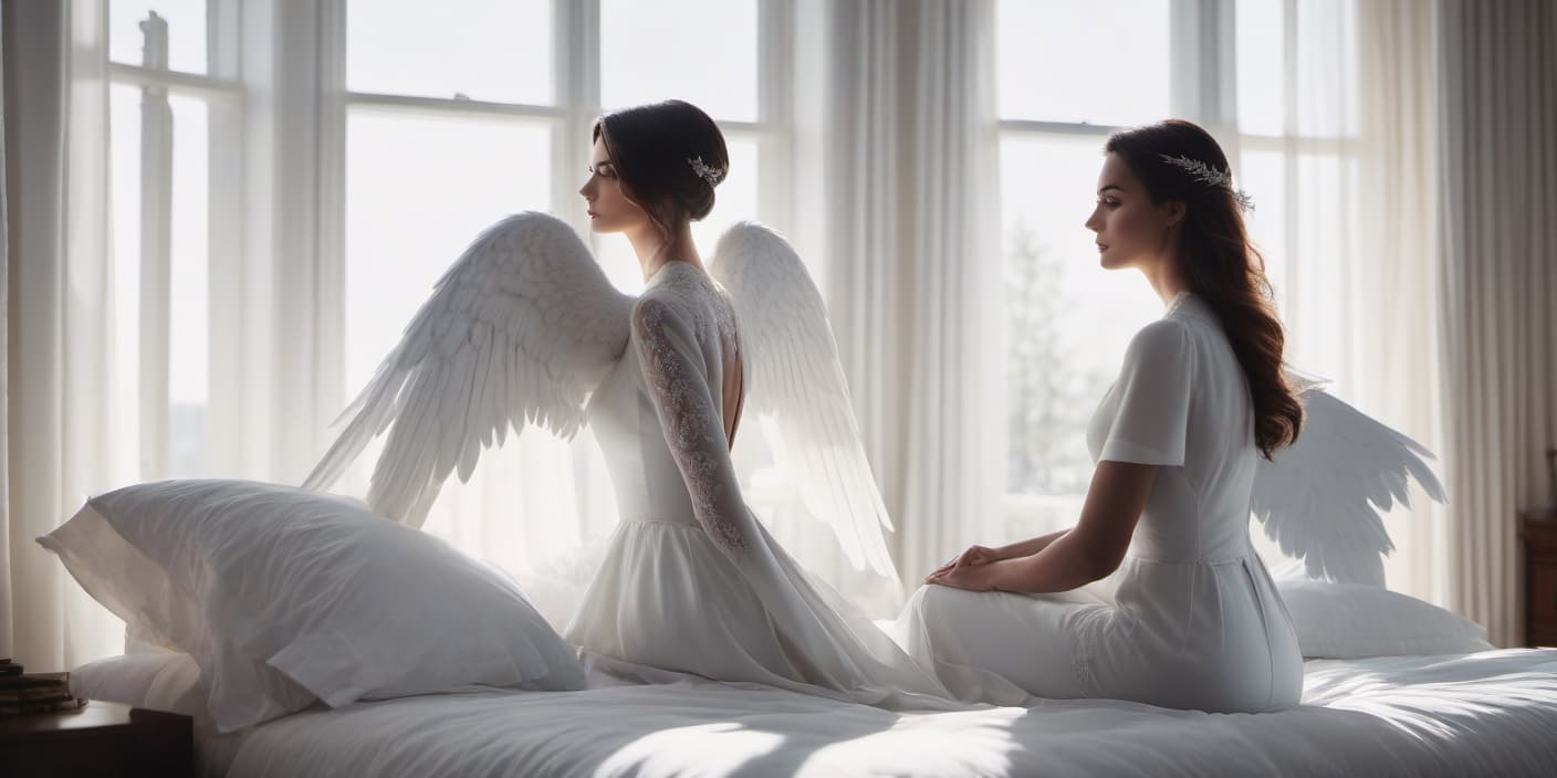  A girl is sitting on a white bed. In the background, a silhouette of a man with the wings of an angel by the window. hyperrealistic, full body, detailed clothing, highly detailed, cinematic lighting, stunningly beautiful, intricate, sharp focus, f/1. 8, 85mm, (centered image composition), (professionally color graded), ((bright soft diffused light)), volumetric fog, trending on instagram, trending on tumblr, HDR 4K, 8K