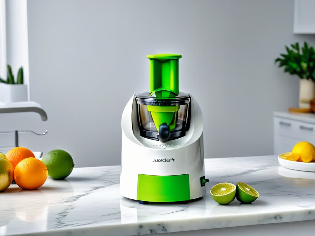  A highresolution, minimalist image of a sleek, modern citrus juicer in a pristine white kitchen setting, capturing the essence of elegance and functionality. The juicer is placed on a marble countertop with a scattering of vibrant citrus fruits around it, showcasing a perfect balance of simplicity and sophistication. hyperrealistic, full body, detailed clothing, highly detailed, cinematic lighting, stunningly beautiful, intricate, sharp focus, f/1. 8, 85mm, (centered image composition), (professionally color graded), ((bright soft diffused light)), volumetric fog, trending on instagram, trending on tumblr, HDR 4K, 8K