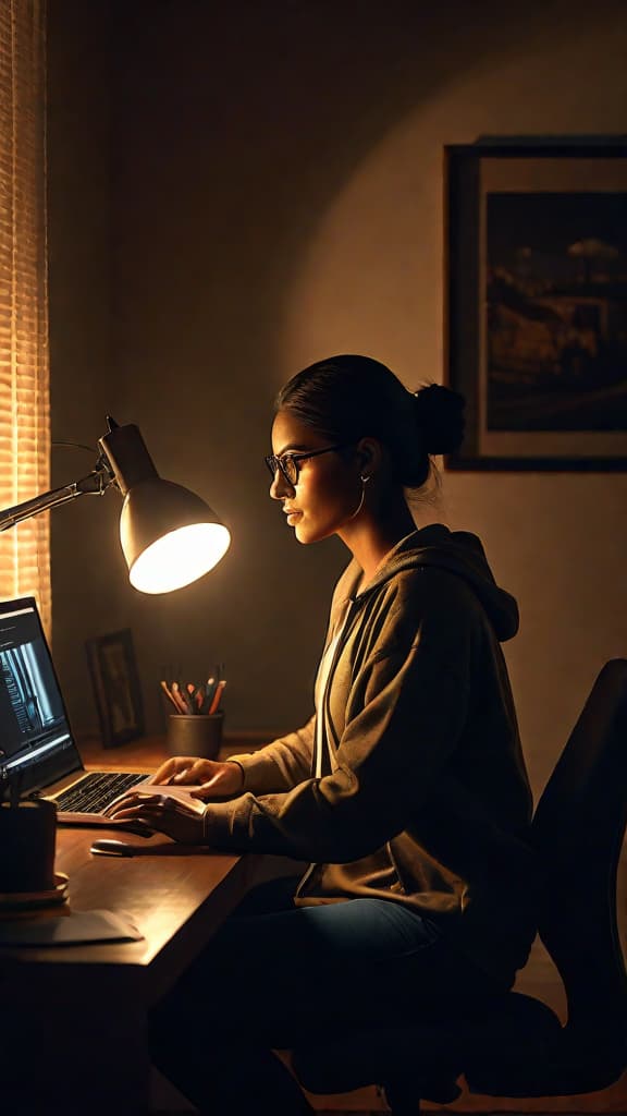  (A dimly lit room, set in a modest home, with a computer desk, a laptop, and a determined individual sitting in front of the screen, their face illuminated by the glow of the screen, conveying a sense of focus and perseverance as they work towards their goal.) hyperrealistic, full body, detailed clothing, highly detailed, cinematic lighting, stunningly beautiful, intricate, sharp focus, f/1. 8, 85mm, (centered image composition), (professionally color graded), ((bright soft diffused light)), volumetric fog, trending on instagram, trending on tumblr, HDR 4K, 8K