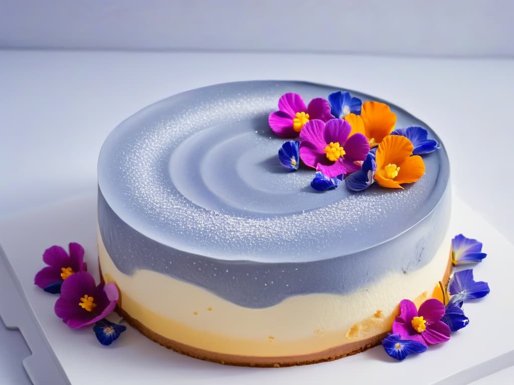  A closeup, ultradetailed image of a decadent cheesecake with a perfectly smooth, glossy surface, adorned with delicate edible flowers and a dusting of powdered sugar. Each tiny detail is crystal clear, from the intricate swirls on top to the fine texture of the crumbly crust, all captured in stunning high resolution. hyperrealistic, full body, detailed clothing, highly detailed, cinematic lighting, stunningly beautiful, intricate, sharp focus, f/1. 8, 85mm, (centered image composition), (professionally color graded), ((bright soft diffused light)), volumetric fog, trending on instagram, trending on tumblr, HDR 4K, 8K