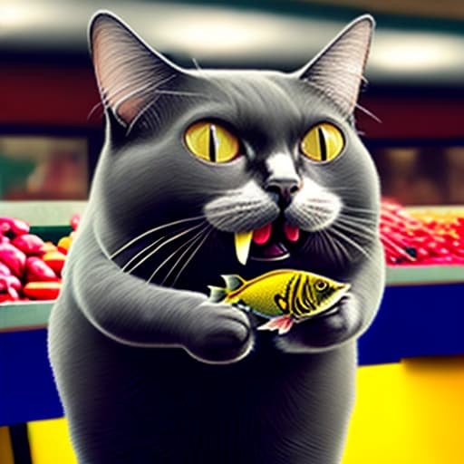  There was a fat cat who stole a fish in the market, held it in his mouth with an excited expression, and chased after a fish vendor with an excited expression!