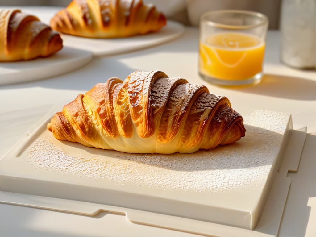  A closeup, highresolution image of a delicate, flaky croissant freshly baked, showing its golden, buttery layers glistening in the light, with a subtle dusting of powdered sugar on top, placed on a simple, elegant white plate against a soft, blurred background of a cozy bakery setting. hyperrealistic, full body, detailed clothing, highly detailed, cinematic lighting, stunningly beautiful, intricate, sharp focus, f/1. 8, 85mm, (centered image composition), (professionally color graded), ((bright soft diffused light)), volumetric fog, trending on instagram, trending on tumblr, HDR 4K, 8K