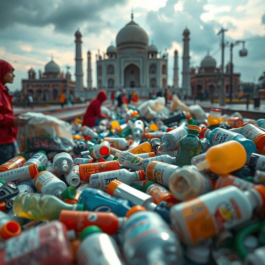  a haunting, surreal real image of a plastic filled environment in india, with plastic waste overflowing from streets, rivers, and landscapes. plastic bags, bottles, and microbeads litter the scene, with a few iconic indian elements (e.g. taj mahal, indian streets) visible in the background. the image should convey the overwhelming scale of plastic pollution in india hyperrealistic, full body, detailed clothing, highly detailed, cinematic lighting, stunningly beautiful, intricate, sharp focus, f/1. 8, 85mm, (centered image composition), (professionally color graded), ((bright soft diffused light)), volumetric fog, trending on instagram, trending on tumblr, HDR 4K, 8K