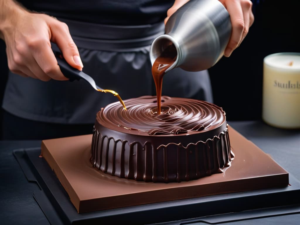  A closeup, ultradetailed image of a perfectly tempered dark chocolate ganache being delicately poured into a handcrafted mold, showcasing intricate swirls and patterns. The rich, glossy texture of the chocolate contrasts beautifully against the matte surface of the mold, emphasizing the precision and expertise required in mastering chocolate techniques. hyperrealistic, full body, detailed clothing, highly detailed, cinematic lighting, stunningly beautiful, intricate, sharp focus, f/1. 8, 85mm, (centered image composition), (professionally color graded), ((bright soft diffused light)), volumetric fog, trending on instagram, trending on tumblr, HDR 4K, 8K