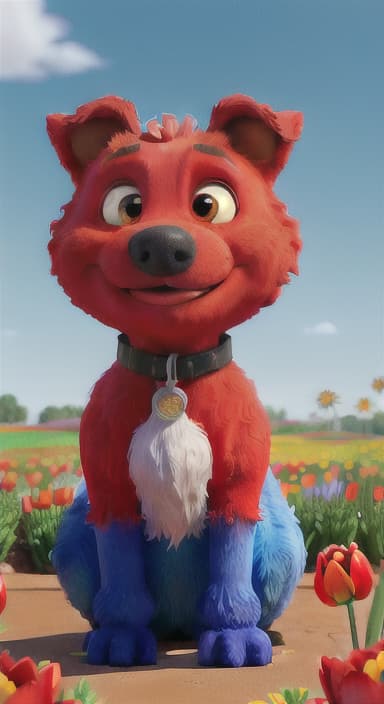  {The red ball nestled in a bed of colorful flowers like daisies and tulips, The big blue dog is large with sky blue fur, big round eyes, a black nose, and floppy ears.