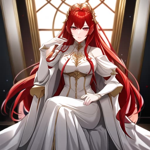  a girl manhua character with red hair and white eyes with white skin wearing noble dress and siting on the throne hyperrealistic, full body, detailed clothing, highly detailed, cinematic lighting, stunningly beautiful, intricate, sharp focus, f/1. 8, 85mm, (centered image composition), (professionally color graded), ((bright soft diffused light)), volumetric fog, trending on instagram, trending on tumblr, HDR 4K, 8K