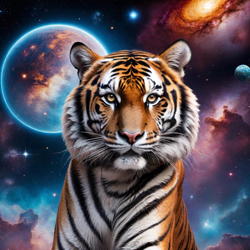  A majestic tiger floating in outer space, surrounded by stars and galaxies. The tiger has a fierce expression and its fur glistens in the cosmic light. The background is filled with colorful nebula clouds and distant planets. The scene captures the beauty and power of nature in the vastness of the universe. hyperrealistic, full body, detailed clothing, highly detailed, cinematic lighting, stunningly beautiful, intricate, sharp focus, f/1. 8, 85mm, (centered image composition), (professionally color graded), ((bright soft diffused light)), volumetric fog, trending on instagram, trending on tumblr, HDR 4K, 8K