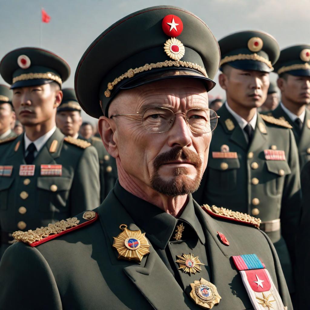  Walter White from Breaking Bad depicted as a North Korean general. He's wearing an elaborate black Korean Mao suit with four pockets, adorned with prominent military medals, and he dons a North Korean general's hat. Walter White should be captured with a stern, authoritative expression as he stands at a high vantage point overseeing a military parade. The parade must be detailed, showcasing rows of soldiers in the background, to convey the scale and solemnity of the event. hyperrealistic, full body, detailed clothing, highly detailed, cinematic lighting, stunningly beautiful, intricate, sharp focus, f/1. 8, 85mm, (centered image composition), (professionally color graded), ((bright soft diffused light)), volumetric fog, trending on instagram, trending on tumblr, HDR 4K, 8K