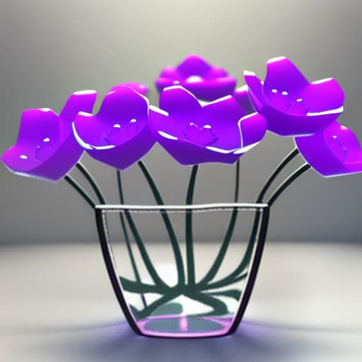  3D printed flowers sculptures. cute colorful glass flowers with long stems and tiny leaves. close up. purple background. translucent. jelly texture. translucent frosted plastic material. studio light.