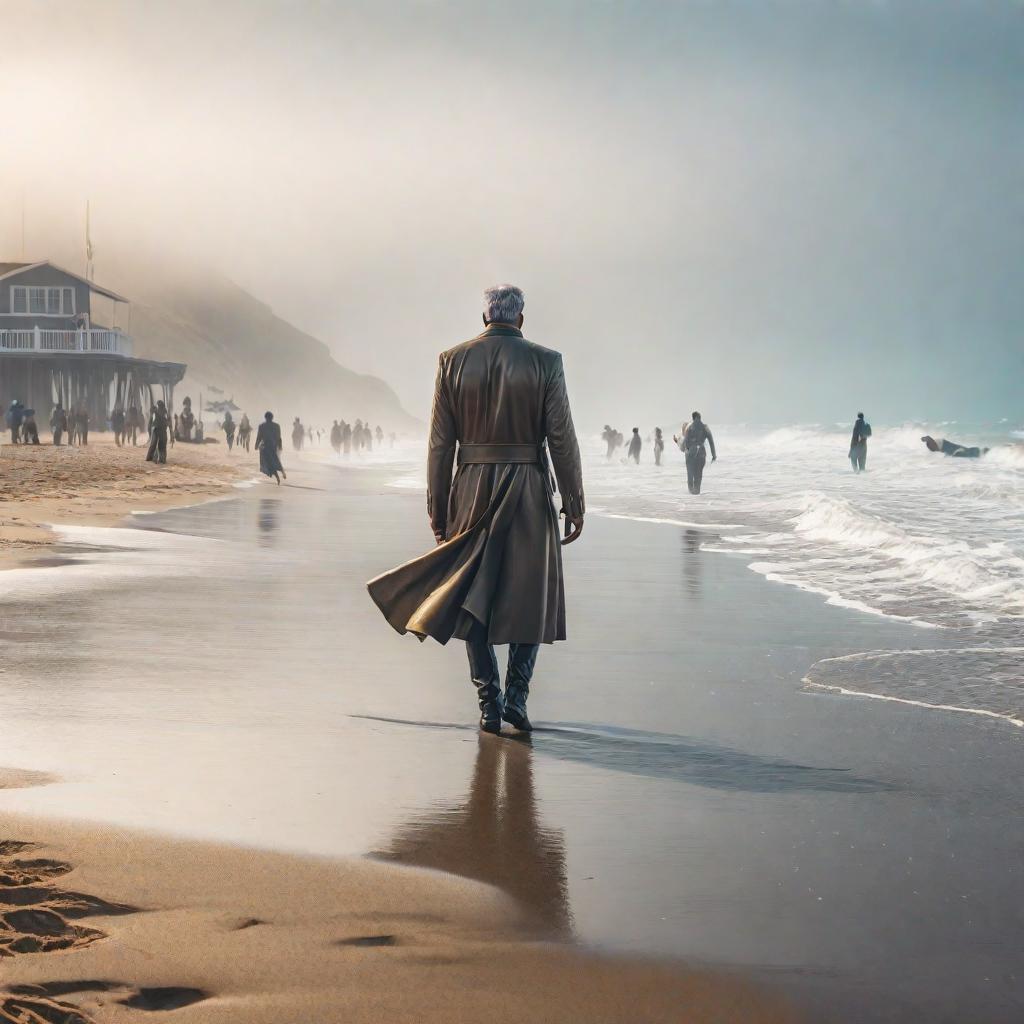  People are eliminated on the beach. hyperrealistic, full body, detailed clothing, highly detailed, cinematic lighting, stunningly beautiful, intricate, sharp focus, f/1. 8, 85mm, (centered image composition), (professionally color graded), ((bright soft diffused light)), volumetric fog, trending on instagram, trending on tumblr, HDR 4K, 8K