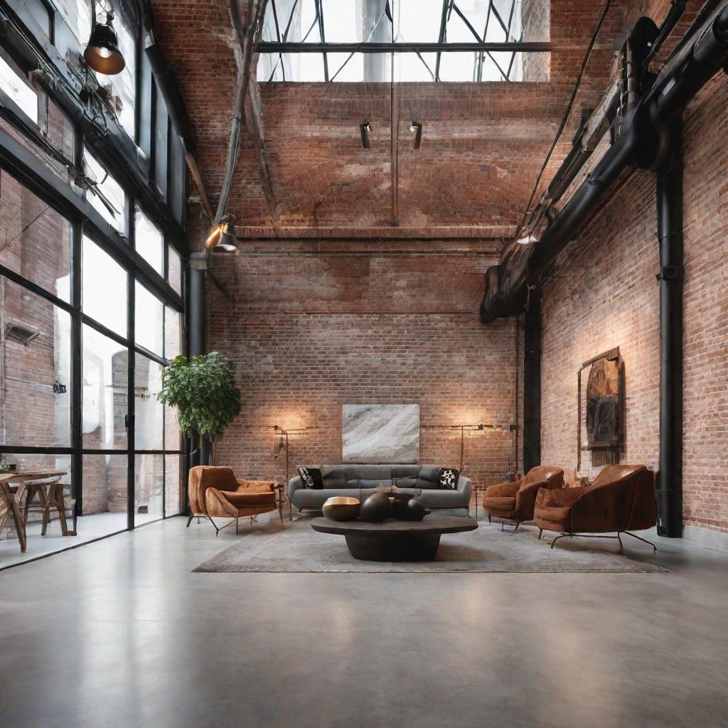   Picture a loft space featuring exposed brick walls, polished concrete floors, and metal framed furniture for an urban vibe. 8k, cinematic lighting, HDR