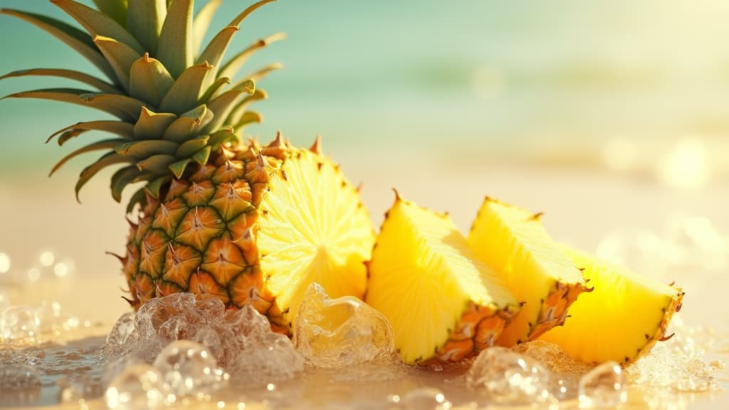  good quality, high quality, tropical vibes freshly cut pineapple with icy condensation, exotic refreshment 3d rendering for summer concept