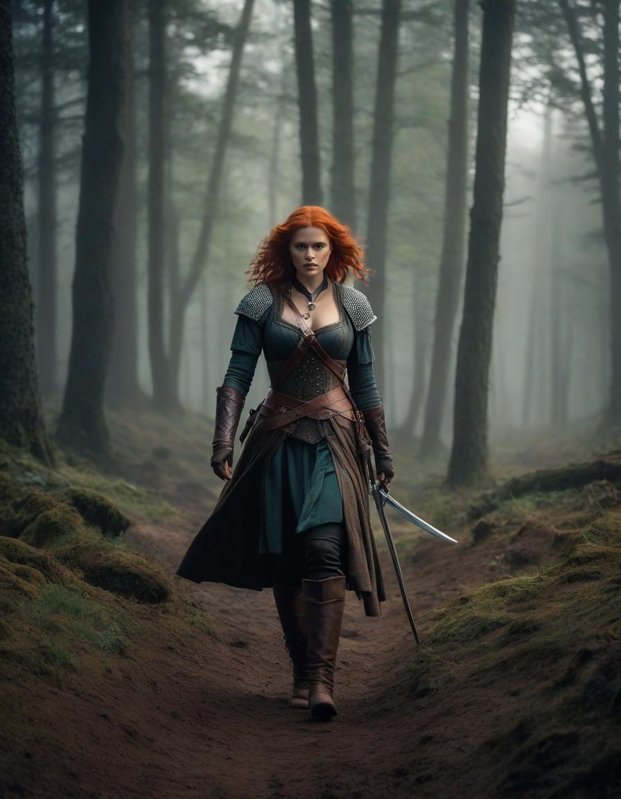  cinematic film still The Tudor era, a tragic frame from the film, the most detailed image, emphasis on faces, Chloe Grace Moretz with light red long curly hair, dressed as Triss Merrigold from the game The Witcher 3 in anger leads an attack of armed warrior knights, maximum detail, small details, especially carefully drawn faces and emotions, the strictest matching the request, historical costumes are reproduced as accurately as possible, weak dramatic lighting, mud, heavy rain, dark dense gloomy forest around, . shallow depth of field, vignette, highly detailed, high budget, bokeh, cinemascope, moody, epic, gorgeous, film grain, grainy hyperrealistic, full body, detailed clothing, highly detailed, cinematic lighting, stunningly beautiful, intricate, sharp focus, f/1. 8, 85mm, (centered image composition), (professionally color graded), ((bright soft diffused light)), volumetric fog, trending on instagram, trending on tumblr, HDR 4K, 8K