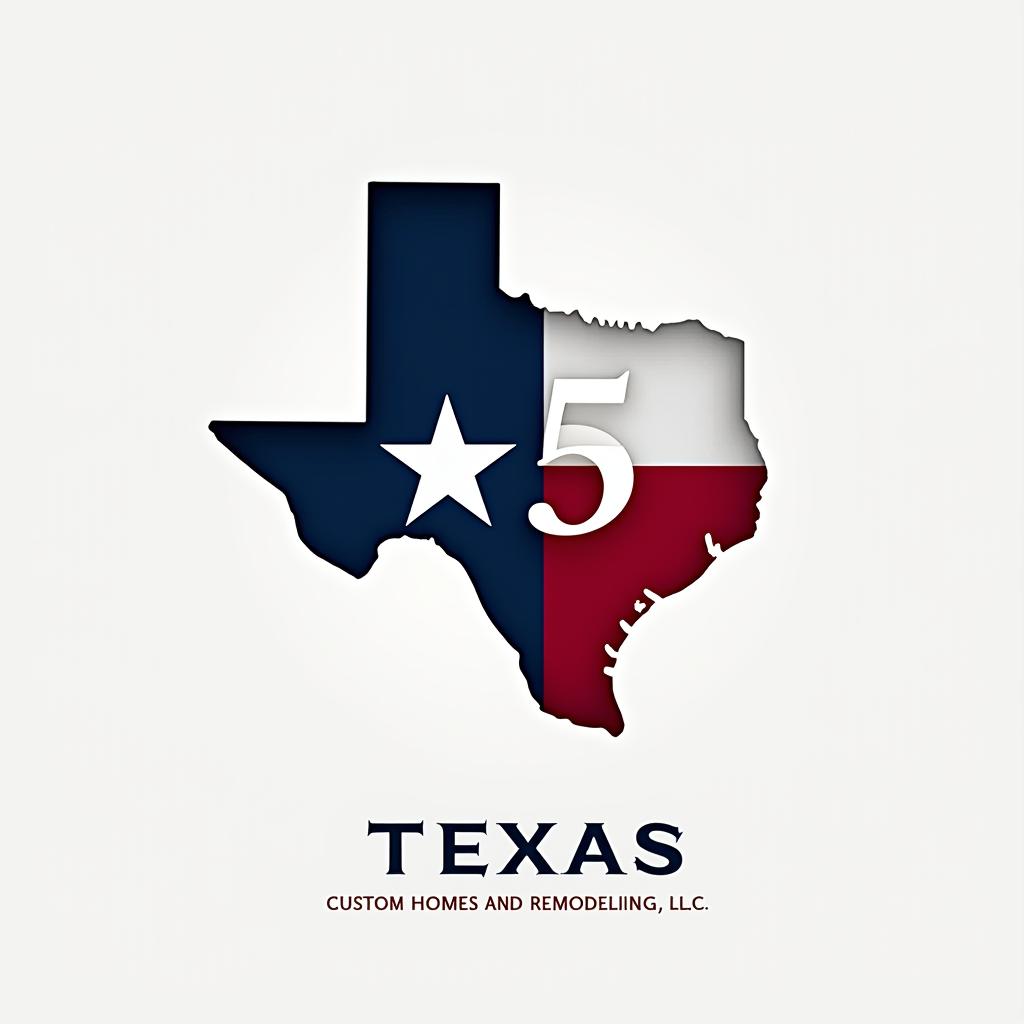  design a logo that features the outline of the state of texas in a minimalist style. inside the texas outline, incorporate the letters 'm5' in a bold, modern font. use the colors of the texas flag: blue, red, and white. make the 'm' in blue, the '5' in red, and the star in white. the text 'custom homes and remodeling, llc' should be elegantly placed below or around the outline of texas, ensuring it complements the design without overwhelming the central focus. use a neutral color, such as black or dark blue, for the company name to ensure readability hyperrealistic, full body, detailed clothing, highly detailed, cinematic lighting, stunningly beautiful, intricate, sharp focus, f/1. 8, 85mm, (centered image composition), (professionally color graded), ((bright soft diffused light)), volumetric fog, trending on instagram, trending on tumblr, HDR 4K, 8K