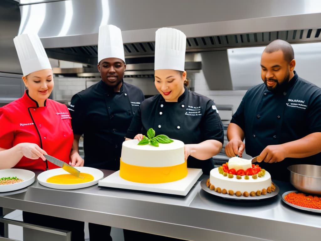  A visually striking and minimalist image of a diverse group of chefs with cognitive disabilities working together in a modern kitchen, each engaged in a different task such as measuring ingredients, stirring a pot, or decorating a cake. The kitchen is filled with natural light, sleek countertops, and highquality cooking utensils, creating an inclusive and empowering atmosphere for the chefs. The image conveys a sense of collaboration, creativity, and joy in the culinary process. hyperrealistic, full body, detailed clothing, highly detailed, cinematic lighting, stunningly beautiful, intricate, sharp focus, f/1. 8, 85mm, (centered image composition), (professionally color graded), ((bright soft diffused light)), volumetric fog, trending on instagram, trending on tumblr, HDR 4K, 8K