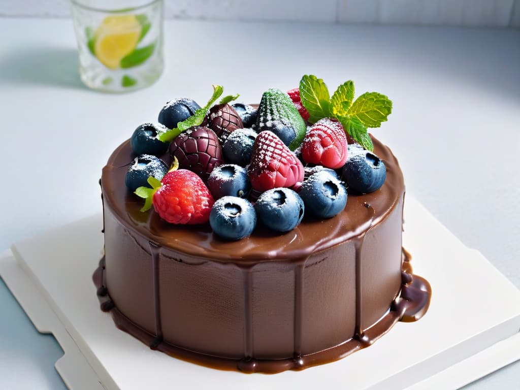  A minimalist, ultradetailed image of a decadent vegan chocolate cake topped with fresh berries and mint leaves, set on a sleek white plate against a soft grey background. The cake is perfectly sliced to reveal its moist and rich interior, with a drizzle of chocolate ganache cascading down the sides. Each berry is glistening with freshness, and the mint leaves add a pop of vibrant green, creating a visually stunning and mouthwatering dessert masterpiece. hyperrealistic, full body, detailed clothing, highly detailed, cinematic lighting, stunningly beautiful, intricate, sharp focus, f/1. 8, 85mm, (centered image composition), (professionally color graded), ((bright soft diffused light)), volumetric fog, trending on instagram, trending on tumblr, HDR 4K, 8K