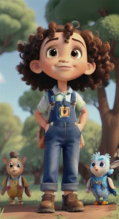  {Riley looking up at the tree with a big smile, animals surrounding them., Riley, a curious with big brown eyes and curly hair, wearing overalls and carrying a small backpack. Their friend, Skye, a bluebird with shiny feathers.