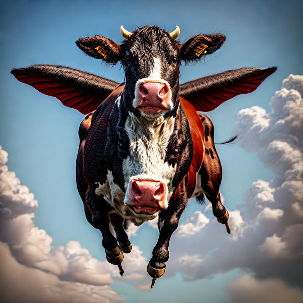  swiss super cow, flying, best quality, masterpiece