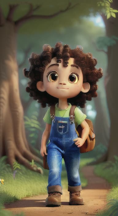  {The tree with a twinkling eye, while its leaves gently rustle., Riley, a curious with big brown eyes and curly hair, wearing overalls and carrying a small backpack. Their friend, Skye, a bluebird with shiny feathers.