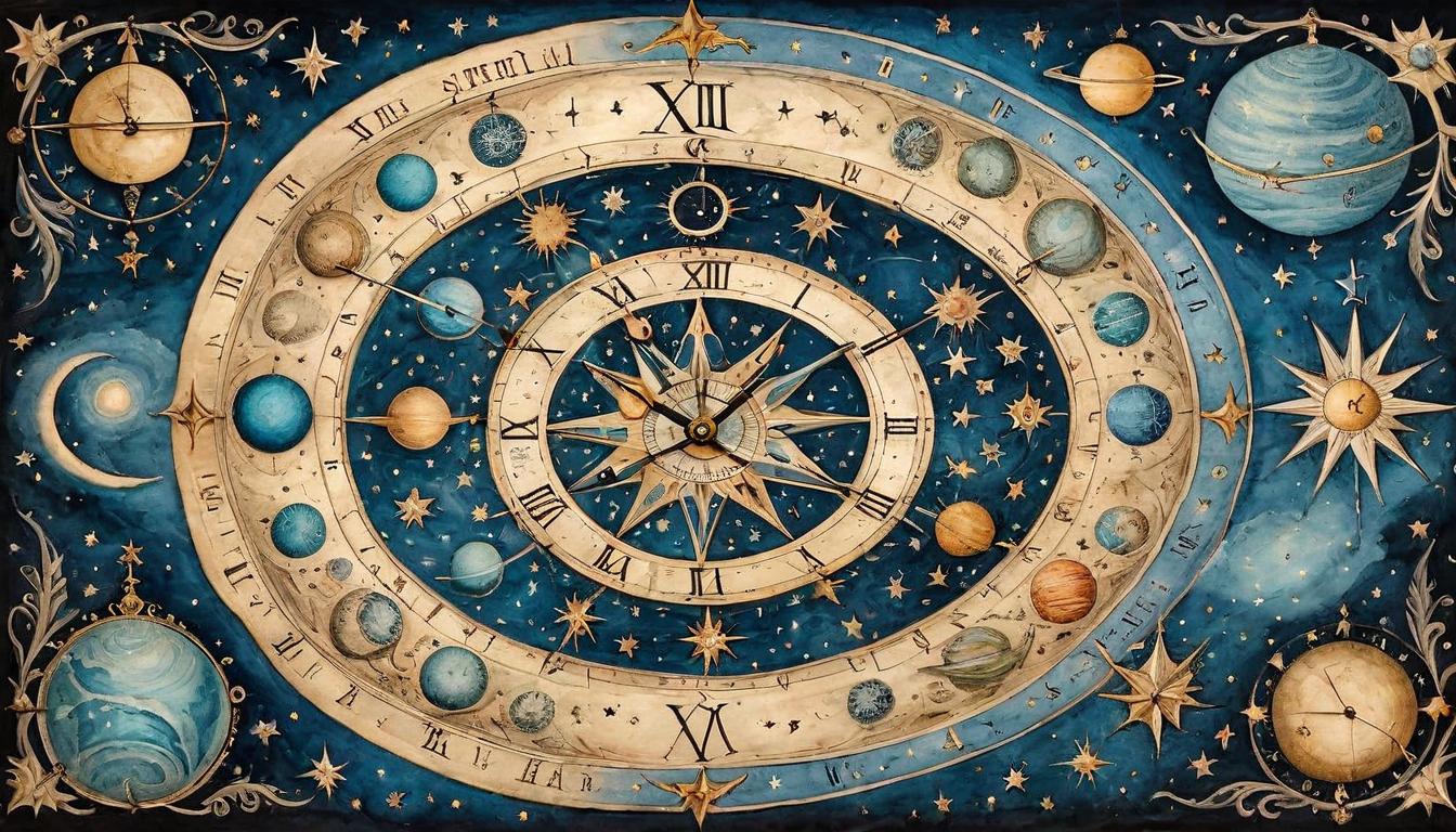  on parchment, surrealism+++, Intricately detailed celestial clock, stars and planets in motion, harmonious, precise(mysterious, provocative, symbolic,muted color)+++