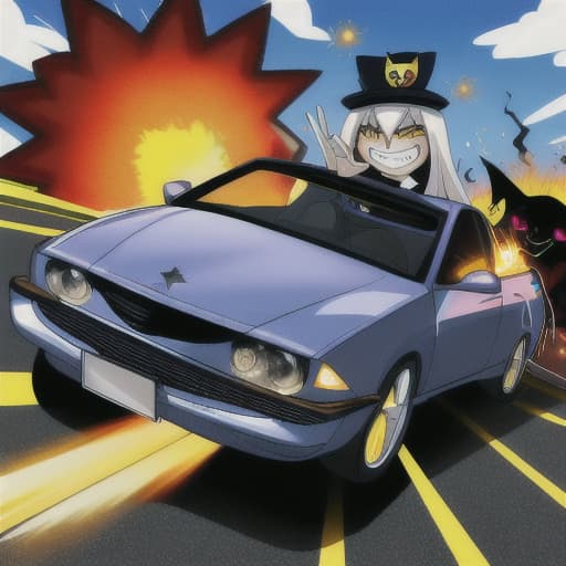  car crash, explosion, Evel grin in the sky, business suit, black cat, Lazers