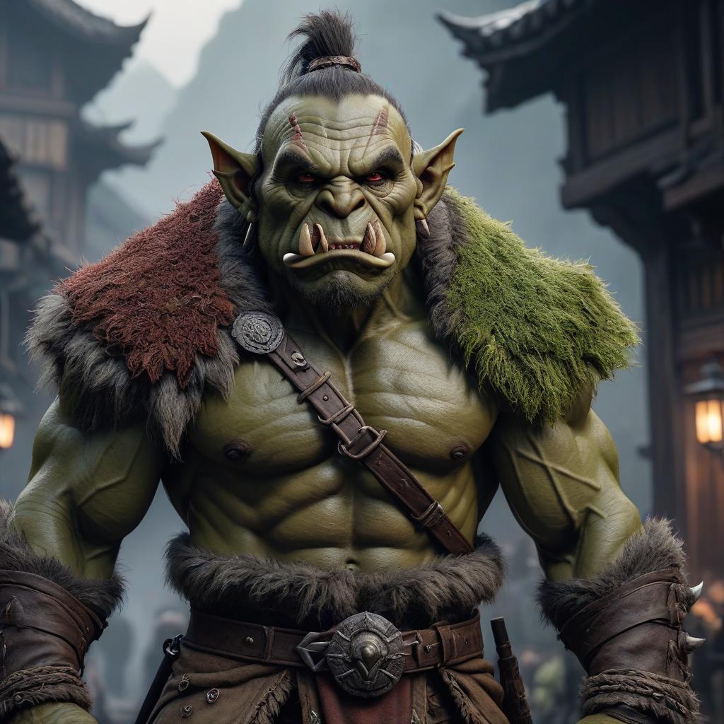  An unkempt orc., hkmagic hyperrealistic, full body, detailed clothing, highly detailed, cinematic lighting, stunningly beautiful, intricate, sharp focus, f/1. 8, 85mm, (centered image composition), (professionally color graded), ((bright soft diffused light)), volumetric fog, trending on instagram, trending on tumblr, HDR 4K, 8K