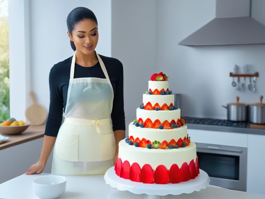  An ultradetailed image of a sleek, modern kitchen counter with holographic augmented reality displays showcasing intricate cake decorating techniques. The scene features a professional baker wearing a crisp white apron, focused and inspired as they interact with the AR technology, surrounded by minimalist kitchen tools and a backdrop of soft, diffused natural light streaming in through a large window. hyperrealistic, full body, detailed clothing, highly detailed, cinematic lighting, stunningly beautiful, intricate, sharp focus, f/1. 8, 85mm, (centered image composition), (professionally color graded), ((bright soft diffused light)), volumetric fog, trending on instagram, trending on tumblr, HDR 4K, 8K