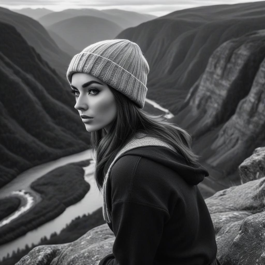  Girl in a beanie. On the edge of a cliff. Mountains and a river below. Full size or waist high. Black and white image. Aperture 4.0 focus distance 35mm. hyperrealistic, full body, detailed clothing, highly detailed, cinematic lighting, stunningly beautiful, intricate, sharp focus, f/1. 8, 85mm, (centered image composition), (professionally color graded), ((bright soft diffused light)), volumetric fog, trending on instagram, trending on tumblr, HDR 4K, 8K