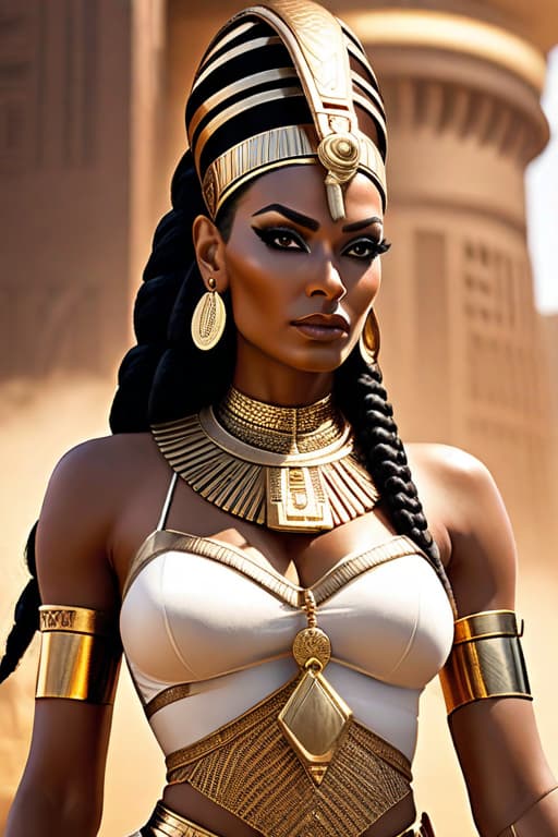  egyptian Women, Queen super hero stood high, behind her, looking straight , black eyes, crown , dark skin, majestuous , braids hair hyperrealistic, full body, detailed clothing, highly detailed, cinematic lighting, stunningly beautiful, intricate, sharp focus, f/1. 8, 85mm, (centered image composition), (professionally color graded), ((bright soft diffused light)), volumetric fog, trending on instagram, trending on tumblr, HDR 4K, 8K