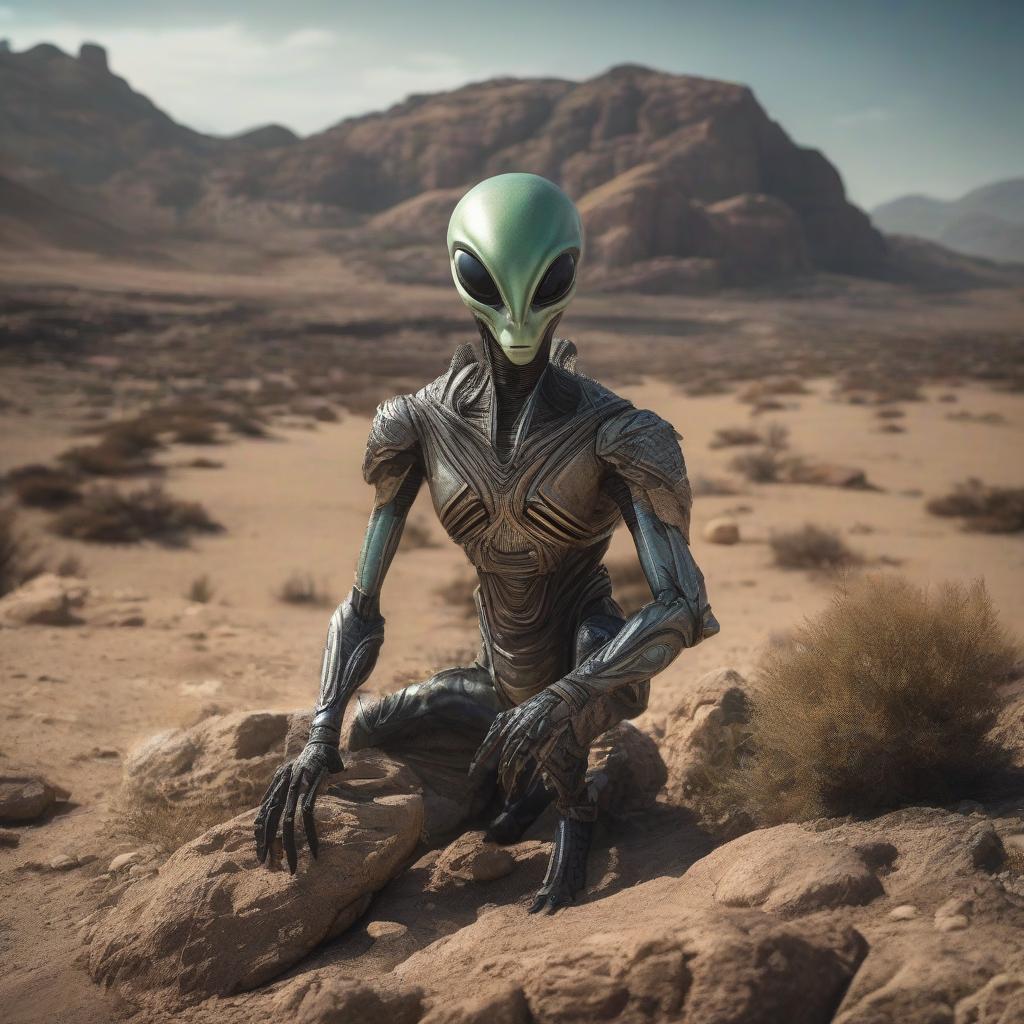  An alien with large eyes and no mouth stands in a rocky desert. hyperrealistic, full body, detailed clothing, highly detailed, cinematic lighting, stunningly beautiful, intricate, sharp focus, f/1. 8, 85mm, (centered image composition), (professionally color graded), ((bright soft diffused light)), volumetric fog, trending on instagram, trending on tumblr, HDR 4K, 8K