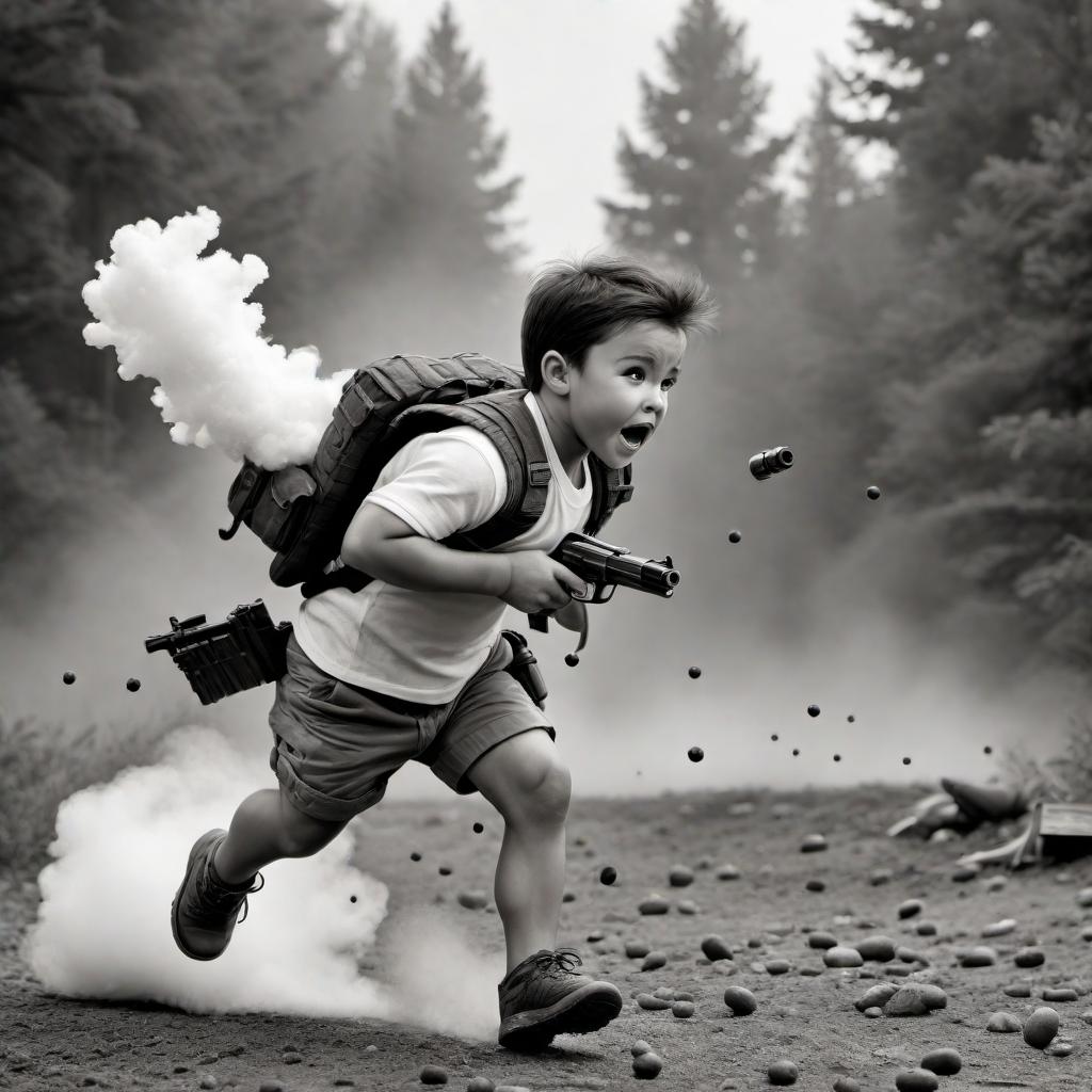  A realistic vector black and white image of a running with a toy gun in hand. Ammunition is falling out of the 's diaper as they run. The ilration should capture the dynamic motion and yet somewhat incongruous nature of a with a toy gun. Attention to detail should be given to the depiction of the 's expressions and movements, as well as to the design of the diaper from which the ammo is falling. hyperrealistic, full body, detailed clothing, highly detailed, cinematic lighting, stunningly beautiful, intricate, sharp focus, f/1. 8, 85mm, (centered image composition), (professionally color graded), ((bright soft diffused light)), volumetric fog, trending on instagram, trending on tumblr, HDR 4K, 8K