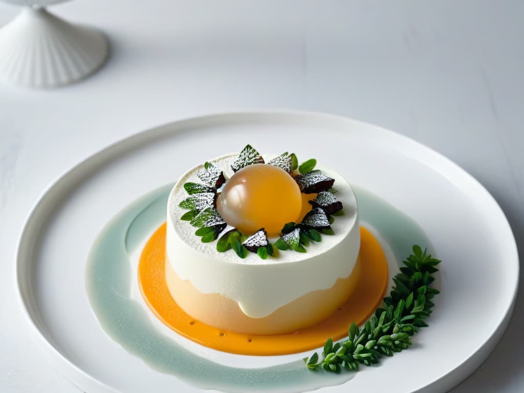  An ultradetailed 8k image of a delicate, ethereal dessert suspended in midair with a light, fluffy texture. The dessert is elegantly plated on a sleek, modern dish, showcasing intricate molecular gastronomy techniques. The background is a soft, neutral color to emphasize the dessert's airy and otherworldly appearance. hyperrealistic, full body, detailed clothing, highly detailed, cinematic lighting, stunningly beautiful, intricate, sharp focus, f/1. 8, 85mm, (centered image composition), (professionally color graded), ((bright soft diffused light)), volumetric fog, trending on instagram, trending on tumblr, HDR 4K, 8K