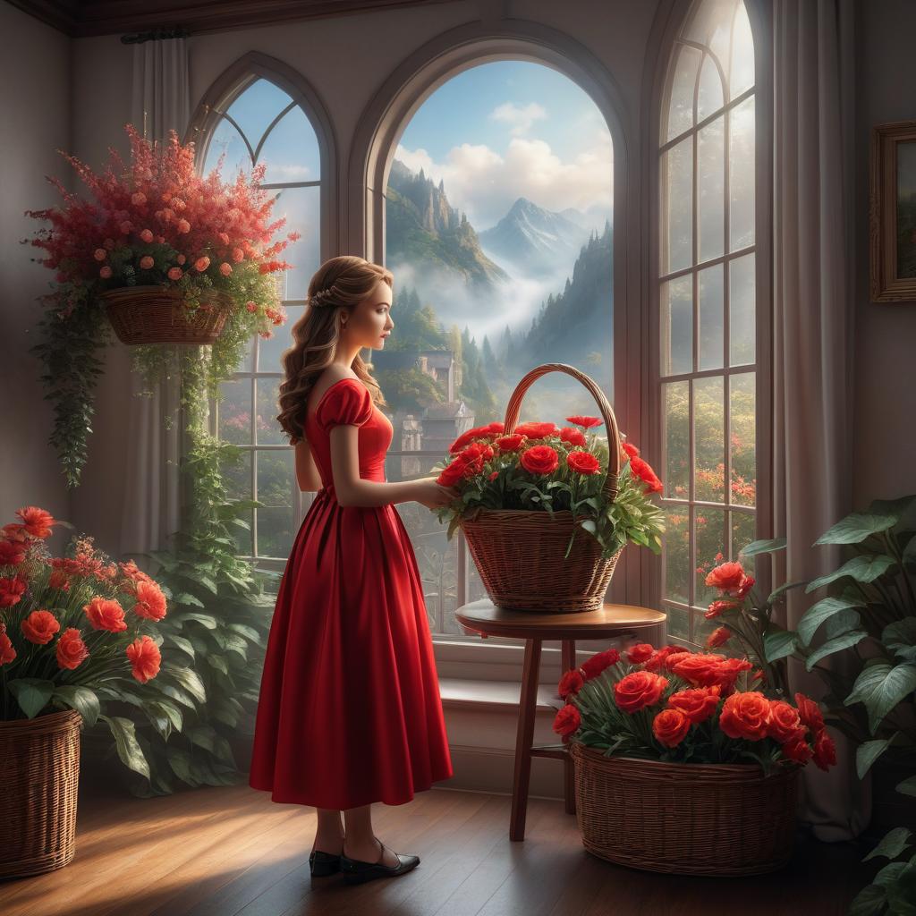  A small girl in a red dress, gazing at a basket full of bright flowers by the window. "Ethereal fantasy, hyper detailed mist by Thomas Kinkade." hyperrealistic, full body, detailed clothing, highly detailed, cinematic lighting, stunningly beautiful, intricate, sharp focus, f/1. 8, 85mm, (centered image composition), (professionally color graded), ((bright soft diffused light)), volumetric fog, trending on instagram, trending on tumblr, HDR 4K, 8K