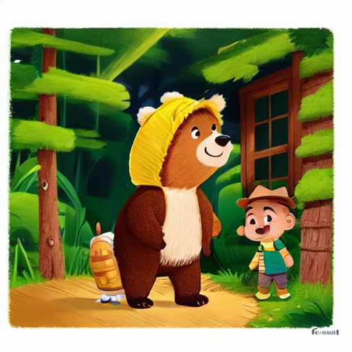  a boy with yellow hat and brown shirt and green pants, bear standing, in cabin