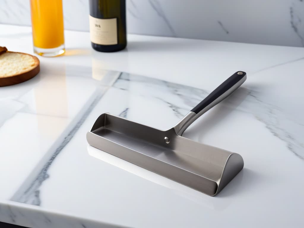  A sleek, minimalistic image featuring a highend stainless steel spatula lying gracefully on a marble countertop, with soft natural light illuminating the scene, highlighting the elegant design and craftsmanship of the utensil. The clean lines and polished surface of the spatula exude sophistication and luxury, emphasizing the concept of premium baking tools in a modern kitchen setting. hyperrealistic, full body, detailed clothing, highly detailed, cinematic lighting, stunningly beautiful, intricate, sharp focus, f/1. 8, 85mm, (centered image composition), (professionally color graded), ((bright soft diffused light)), volumetric fog, trending on instagram, trending on tumblr, HDR 4K, 8K