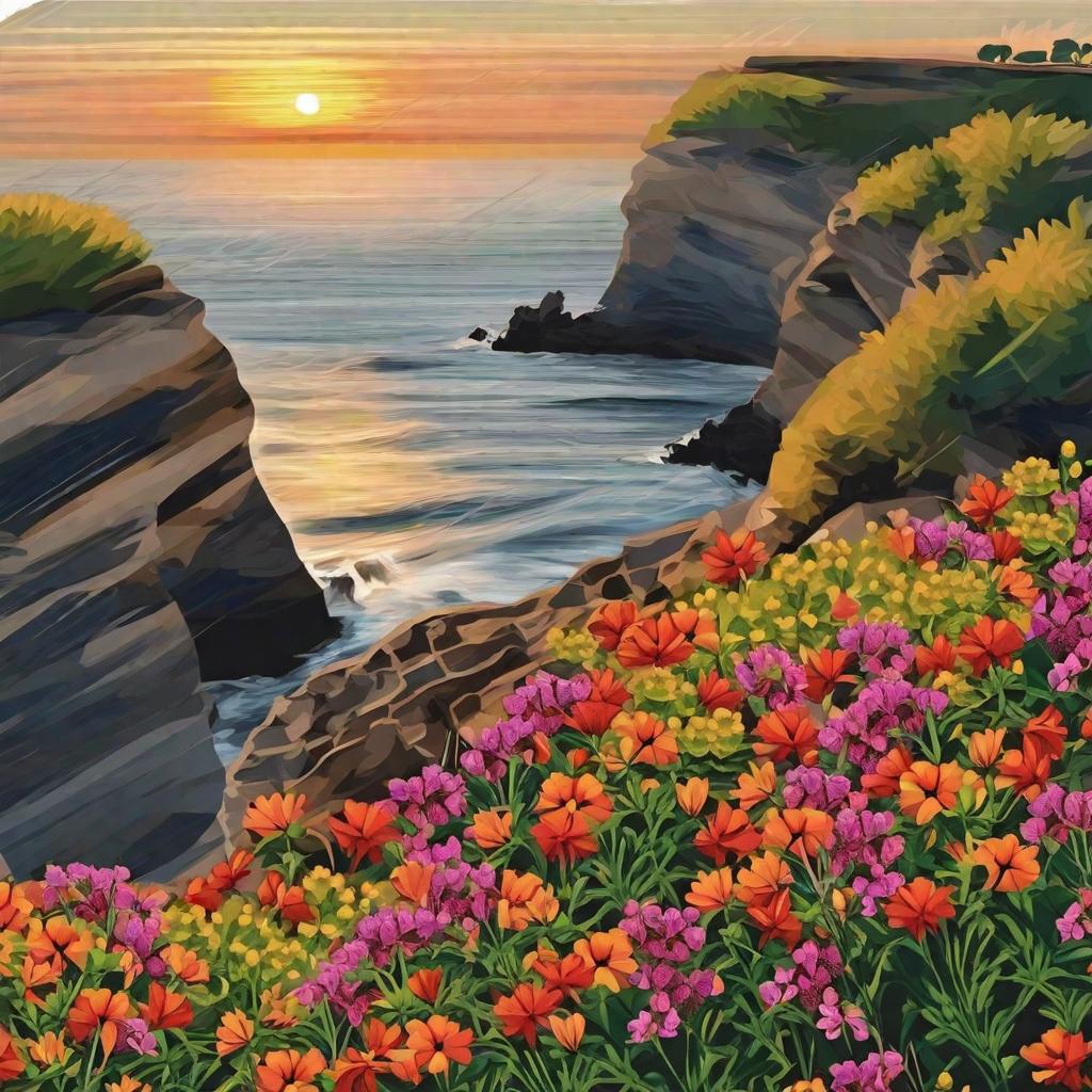  masterpiece, best quality,People sit on the edge of the cliff to watch the sunset, the breeze, wild flowers blowing back