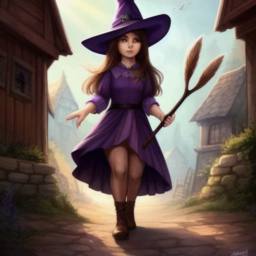  watercolor, storybook, child-book, witch, A girl in a purple hat riding a red broomstick over a quaint village, characters include: girl with brown hair in a purple hat, red broomstick, quaint village, best quality, very detailed, high resolution, sharp, sharp image hyperrealistic, full body, detailed clothing, highly detailed, cinematic lighting, stunningly beautiful, intricate, sharp focus, f/1. 8, 85mm, (centered image composition), (professionally color graded), ((bright soft diffused light)), volumetric fog, trending on instagram, trending on tumblr, HDR 4K, 8K