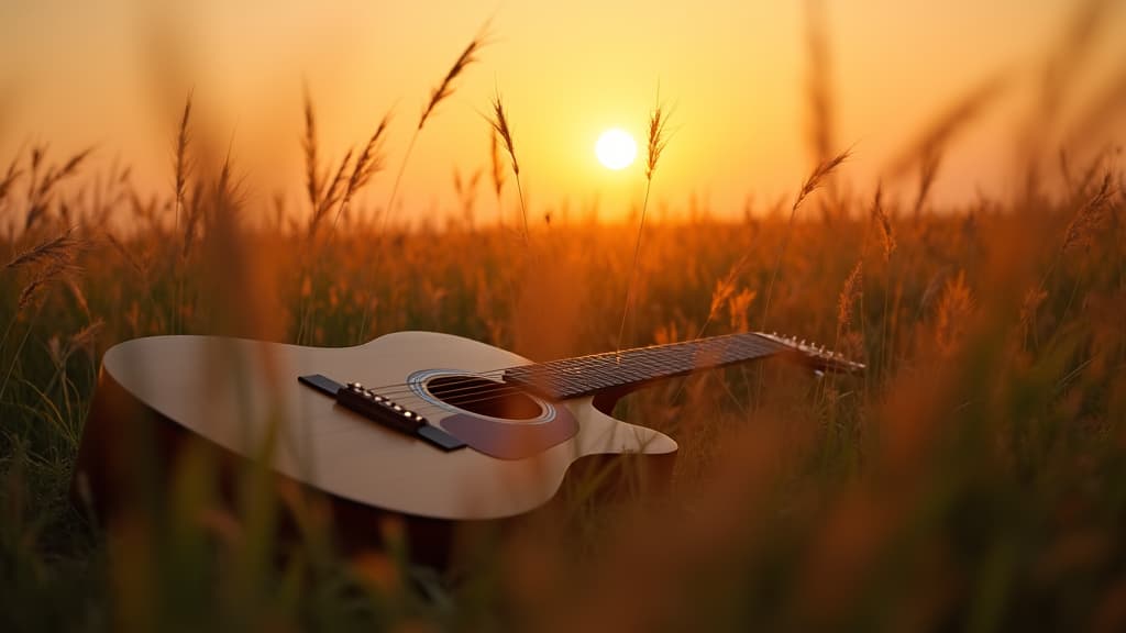  good quality, high quality, a lone acoustic guitar resting in a field of tall grass at sunset.