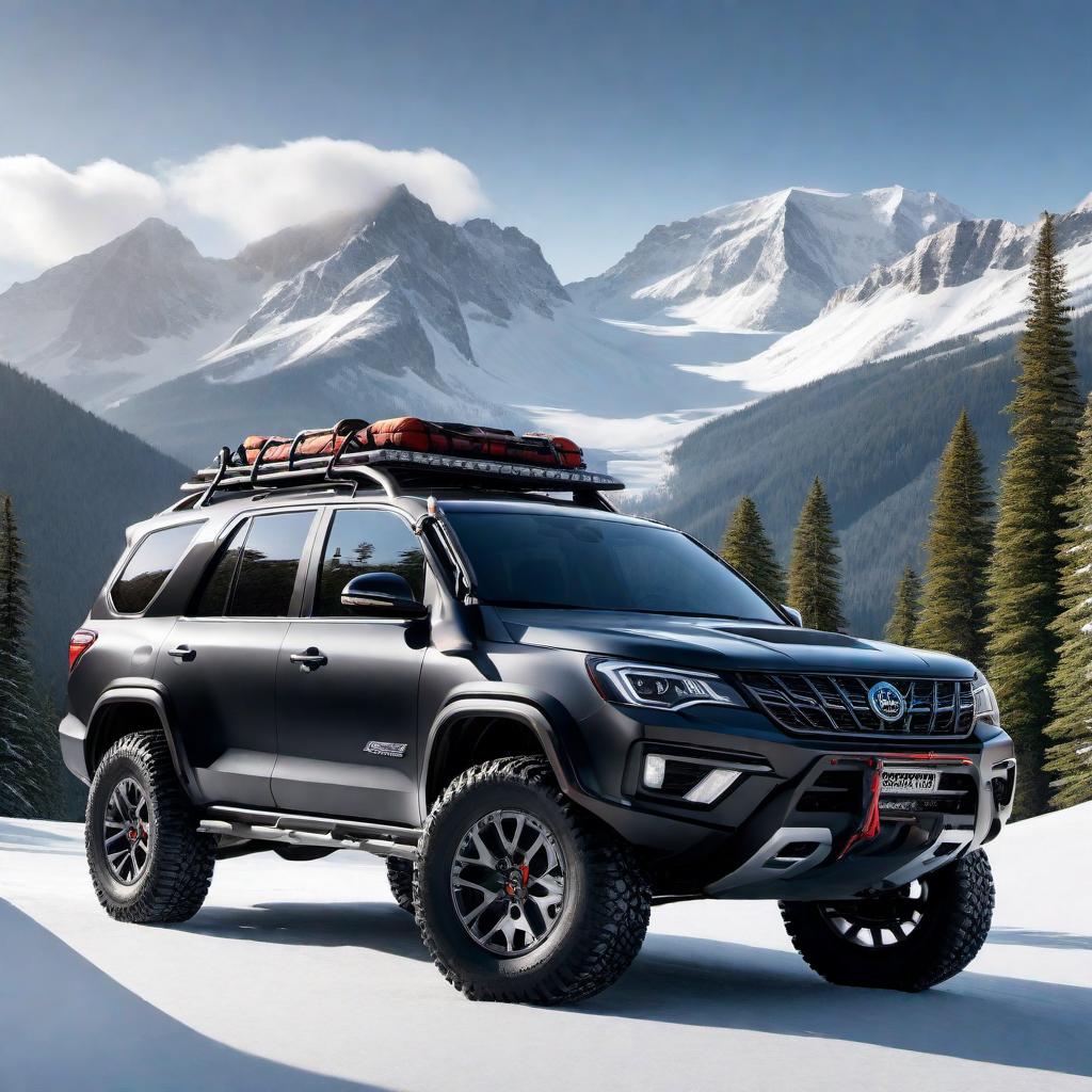  An image showcasing the spirit of mountain exploration with a black expedition SUV, prominently lifted with large off-road tires, affixed with a fully loaded ski rack. The landscape around features alpine scenery, with the vehicle navigating a winding road surrounded by pine forests and high mountain ridges dusted in snow. hyperrealistic, full body, detailed clothing, highly detailed, cinematic lighting, stunningly beautiful, intricate, sharp focus, f/1. 8, 85mm, (centered image composition), (professionally color graded), ((bright soft diffused light)), volumetric fog, trending on instagram, trending on tumblr, HDR 4K, 8K