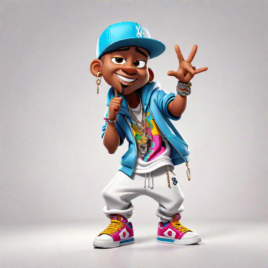  on white background a professional cartoon character of a a rapper, full body shot, mascot, (white solid background:1.2), clean background, (4k, best quality, masterpiece:1.2), ultrahigh res, highly detailed, sharp focus, (perfect image composition), <lora:StickersRedmond:1>, inspired by disney