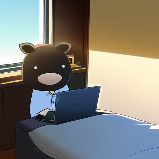  charming cow working hard on a laptop, wearing a suit, in a bedroom with a window with sunlight, realism