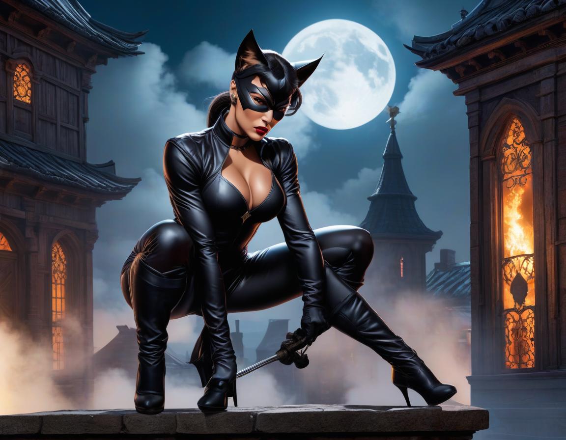  Street Fighter style A catwoman sneaks on all fours on heels in the moonlight on the roof of an ancient Gothic house with a weather vane and chimney, smoke, lots of details . vibrant, dynamic, arcade, 2D fighting game, highly detailed, reminiscent of Street Fighter series hyperrealistic, full body, detailed clothing, highly detailed, cinematic lighting, stunningly beautiful, intricate, sharp focus, f/1. 8, 85mm, (centered image composition), (professionally color graded), ((bright soft diffused light)), volumetric fog, trending on instagram, trending on tumblr, HDR 4K, 8K