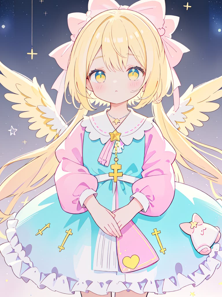  Light yellow hair, two knots, two ribbons on the head, heart pins with wings, infants, pastel colored clothes, light blue, pink and yellow clothes, pink and white arm warmer, cat dolls. Holding, star access to the head, a necklace with a ribbon on the cross, masterpiece, best quality,8k,ultra detailed,high resolution,an extremely delicate and beautiful,hyper detail