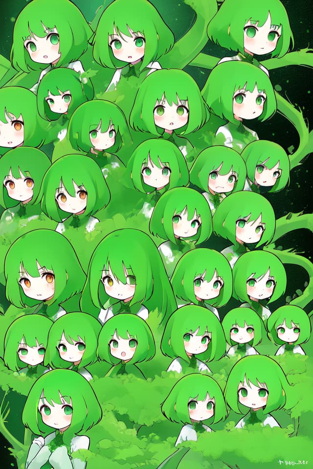  Large amount of capillaries of green hair characters