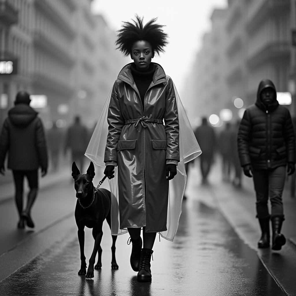  this editorial photography features an afrodescendant adult female in her twenties, captured on a bustling city street. she adopts a natural walking pose, looking forward amidst a rainy setting enhanced by bokeh and fog effects. her striking spiked hairstyle complements the timeless black and white color scheme (black: #000000, white: #ffffff), emphasizing a contrast that adds a dramatic flair to the scene. she is dressed in a winter outfit, complete with combat boots and accessorized with a translucent plastic poncho, ideal for the rain. accompanying her is her doberman, adding dynamic to the composition.